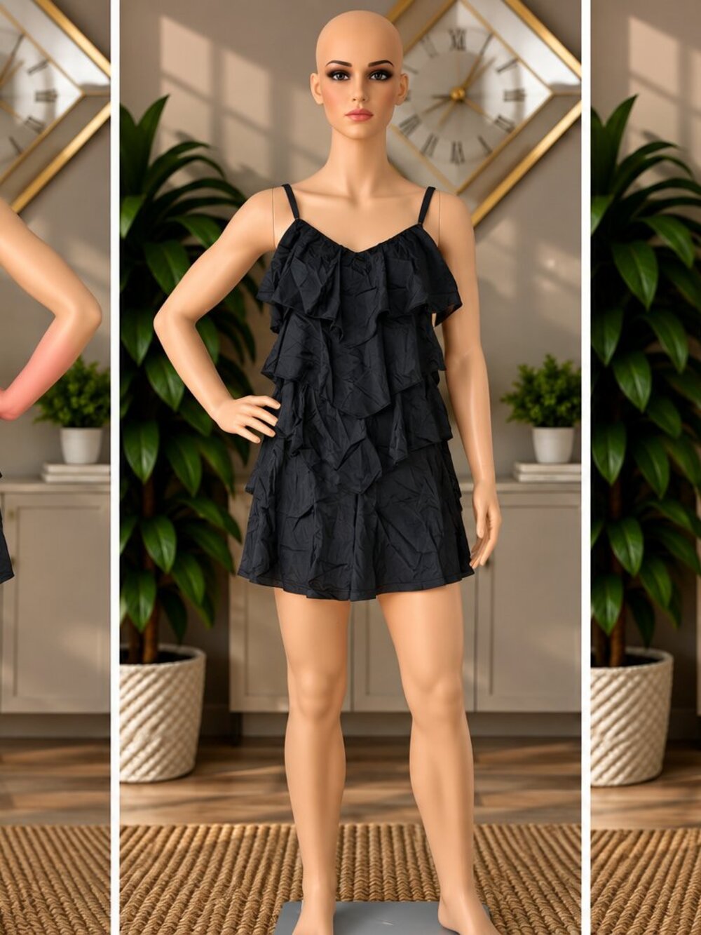 Black Ruffled One-Piece Swimdress with Shelf Bra